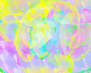 Abstract floral design.  Pastel hues dominate.  Layers create depth.  Soft textures appear.  Circular shapes blend.  Light colors shine.  Artistic impression.  Delicate feel.  Gentle palette