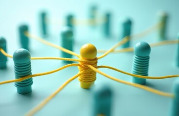 Network of blue pegs linked by yellow strings. Central yellow peg has strings wound around it. Abstract concept of connection and communication.