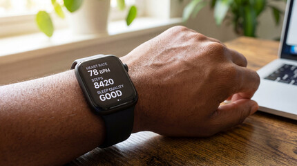 Close-up of a smartwatch showing health data on a black man's wrist, displaying heart rate, steps and sleep quality