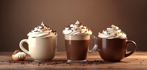 Three cups filled with hot chocolate topped with fluffy whipped cream and chocolate shavings on wooden surface. Warm beverage ready for winter holidays. Sweet dessert treat for relaxation.