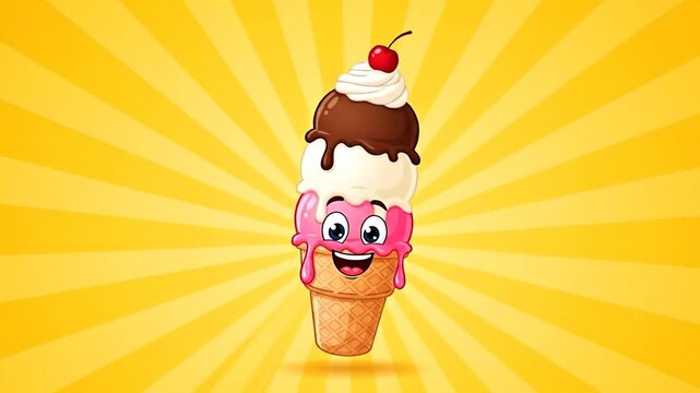 Cheerful Ice Cream Cone: An illustrated ice cream cone radiates joy, topped with vibrant scoops of delight, a cherry, and a smiling face against a radiating backdrop.