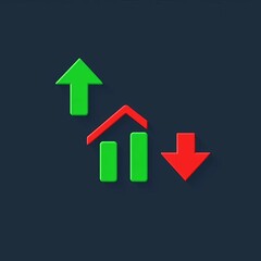 Simple up and down arrows in green and red, sales bar chart icon with arrow moving down, financial vector,  chart, stock