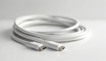 White HDMI cord coiled neatly on a clean white surface. Connectors for digital video and audio data transfer. Modern tech accessory for screens.