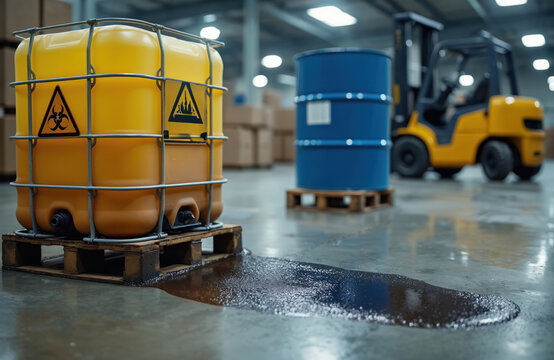 Toxic liquid leaks on factory floor from yellow barrel. Blue barrel stands near forklift. Chemical danger hazard risk. Spilled liquid pollutes work area in factory warehouse. Damaged container with