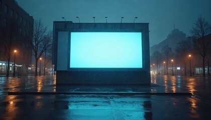 Blank billboard stands tall in city during rainy weather. Empty screen awaiting messages. Lights illuminating streets in night. Buildings, streetlights, trees complete urban setting. Wet reflections