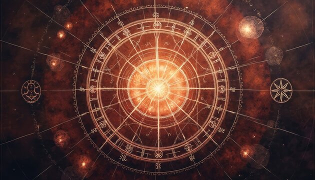 Circular astrology chart with zodiac signs and stars in deep space. Cosmic background with nebulae and bright celestial bodies. Mystical calendar pattern for horoscopes. Celestial map of universe.