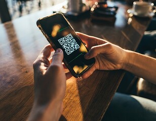 Person Holding Smartphone Displaying QR Code Indoors with Warm Sunlight Creating Lens Flare Effect