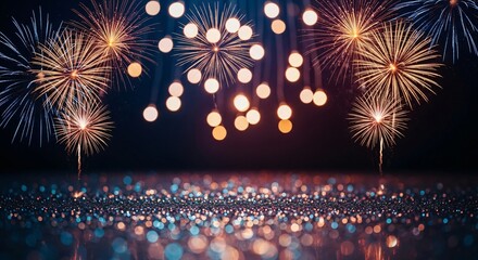 Sparkling fireworks illuminate the night sky above a shimmering surface, creating a festive atmosphere for celebration