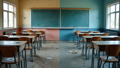Classroom split in half shows renovation. Left side is ruined yellow and pink. Right side is renovated and blue. Desks are old and covered with dust. Chalkboard hangs above desks.