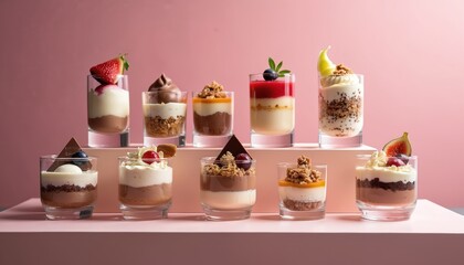 Nine layered desserts in glass cups on pink stands. Desserts feature chocolate cream, fruit mousse, granola, and fresh berries. Elegant individual servings suitable for cafes, bakeries, and parties.