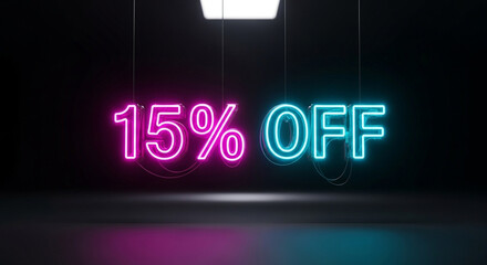Neon sign with 15 percent off glowing in pink and blue light on dark