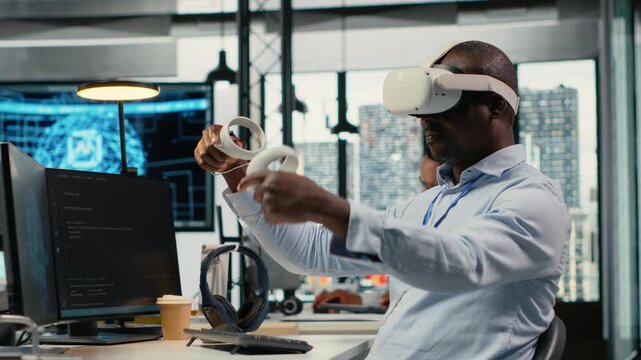 Technician in office using VR headset equipment to accelerate complex AI calculations. IT expert using virtual reality tech to manage machine learning training datasets, camera B