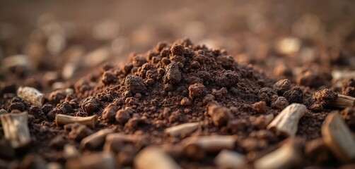 Close view of dark brown soil pile with wood chips. Natural earth material for garden beds, potting mix, and landscaping projects. Rich organic texture suitable for planting.