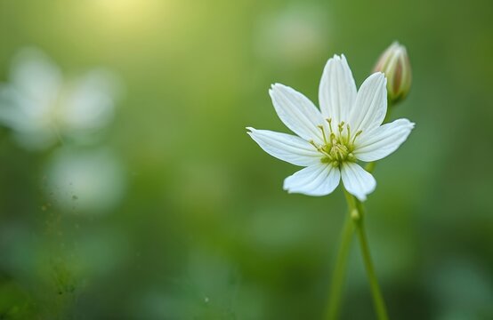 Macro view of delicate white night flowering catchfly blossom with green stem and bud. Soft bokeh background enhances delicate detail of the wild flora.