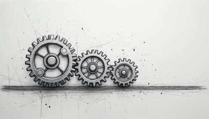 Three metal gears interlock on a line. Large to small cogs mesh, showing industrial progress and mechanical work. Teamwork drives mechanism, business success, engineering concepts, innovation.