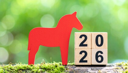 Lunar New Year 2026 Wooden Blocks & Horse Silhouette: Bright Outdoor Festive Composition