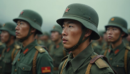 Obraz premium Illustration shows asian soldiers standing in military formation. Men are dressed in green uniform, helmets with red star. Troops stand in rows. Army is ready for parade or battle.