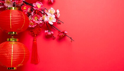 Chinese New Year Lantern & Cherry Blossom Decor: Red Background Festive Floral Design