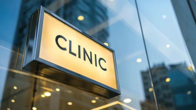 Brightly lit clinic sign mounted on glass wall, symbolizing advanced healthcare services in metropolitan area. Urban reflections, modern architecture highlight accessibility, trust in medical care