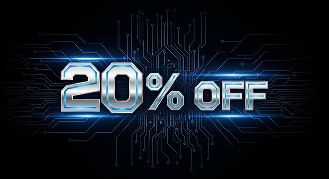 Futuristic 20 percent off sale promotion with circuit board background - Powered by Adobe