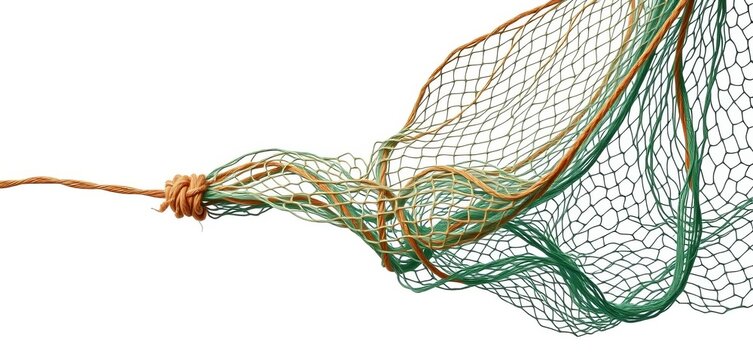 Intricate knotted fishing net, isolated on white background,  close-up,  twine
