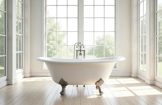 Bright bathroom interior features a clawfoot bathtub near big windows. Sunlight shines on wood floor. Relaxing spa setting with modern design. A luxurious home bath space for clean living. - Powered by Adobe