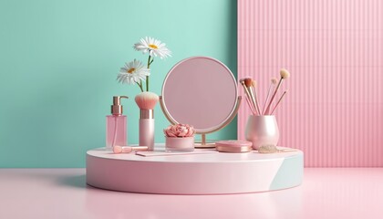 Composition of makeup products and accessories arranged on a pastel pink podium. Daisies perfume brush mirror set a beautiful aesthetic scene. Makeup brushes cosmetics items spa concept beauty