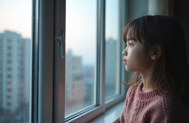 Sad kid looks out window. Young girl stays home in apartment. Pensive child views cityscape buildings. Lonely girl feels isolated. Covid pandemic lockdown impacts mental health. Isolation increases