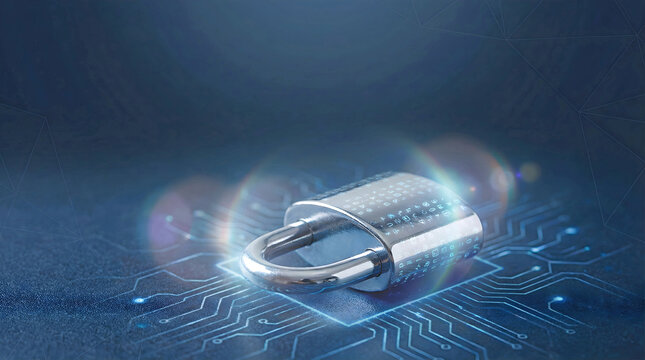 chrome digital security padlock resting on glowing encrypted circuitry for advanced data protection - Powered by Adobe