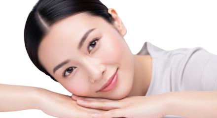 Close up of a young Asian woman's face with smooth skin resting her chin on her hands smiling Beauty transparent background