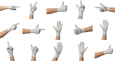 Collection of hands wearing white medical gloves performing various gestures including pointing thumbs up and open palms isolate