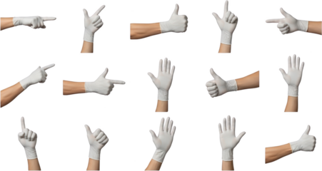 Collection of hands wearing white medical gloves performing various gestures including pointing thumbs up and open palms isolate