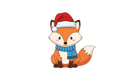 Fototapeta premium Cute cartoon fox wearing Santa hat and scarf, perfect for holiday seasons.