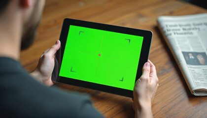 Man uses tablet with green screen with tracking marks. Person holds on wooden table with newspaper in background. Blank digital device for content creators for advertising.