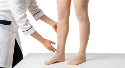 Medical professional adjusting compression stockings on a patient's legs isolate healthcare doctor therapy
