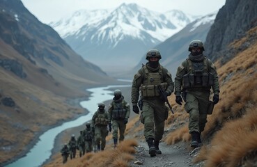 Obraz premium Group of special forces soldiers navigate mountainous terrain. Armed military personnel patrol alongside river beneath snowy peaks. Soldiers wear tactical gear complete mission training. Team moves