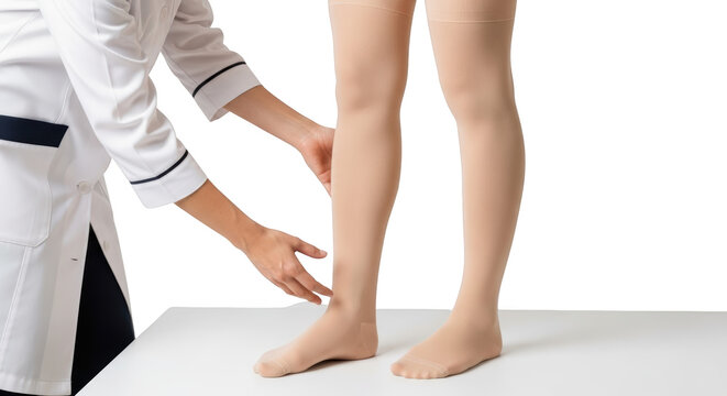 Medical professional adjusting compression stockings on a patient's legs isolate healthcare doctor therapy