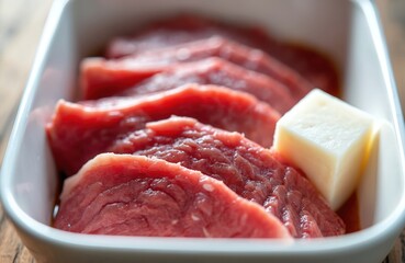 Close-up of raw beef slices marinated in sauce with pat of butter. Juicy red meat rests on white ceramic dish. Image preparation for gourmet meal emphasizing fresh ingredients, culinary technique.