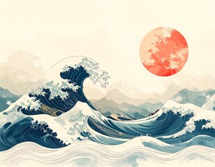 浮世絵風　日本の大波　イラスト