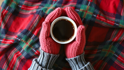 Warm hands holding coffee cup on plaid background
