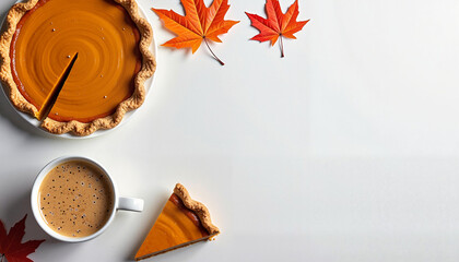 Pumpkin pie with coffee and autumn leaves on white background
