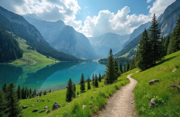 Mountain lake trail winds through green grass hills beside calm turquoise water. Tall pine trees cover slopes leading to rocky peaks under bright cloudy sky.