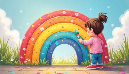 Child painting a colorful rainbow in a sunny park

