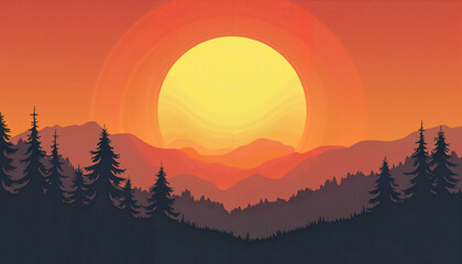 Sunset over mountains with silhouette of pine trees
