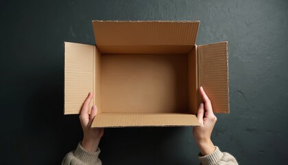 Hands hold open empty cardboard box from above. Person prepares to pack or unpack items for moving, shipping, or storage. Ready for delivery or mail.