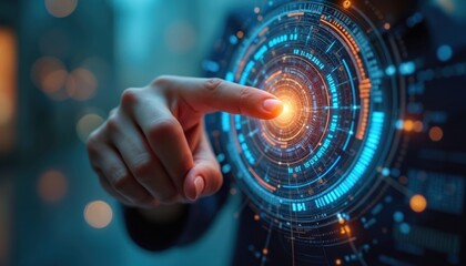 Hand touches virtual interface with glowing orange point. Futuristic technology concept with circular digital screen displaying blue and orange graphics. Business innovation and strategy.