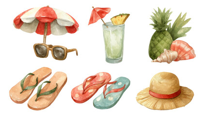 Summer Beach Essentials Illustration with Sunglasses, Umbrella, and Flip Flops