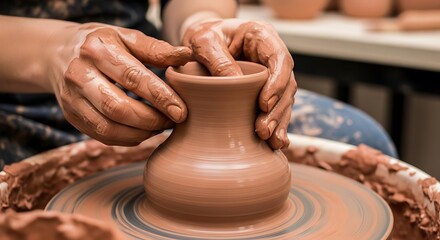 Hands molding clay on a pottery wheel, sculpting a unique ceramic piece