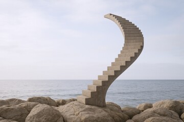 Obraz premium Stone Stairway Rising from Rocks Overlooking the Sea, Symbolizing Ambition, Challenge, and the Path to Success