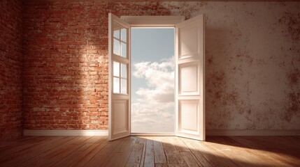 Fototapeta premium Open Doorway to Sky: Conceptual Image of Opportunity, Hope, and New Beginnings in Interior Space